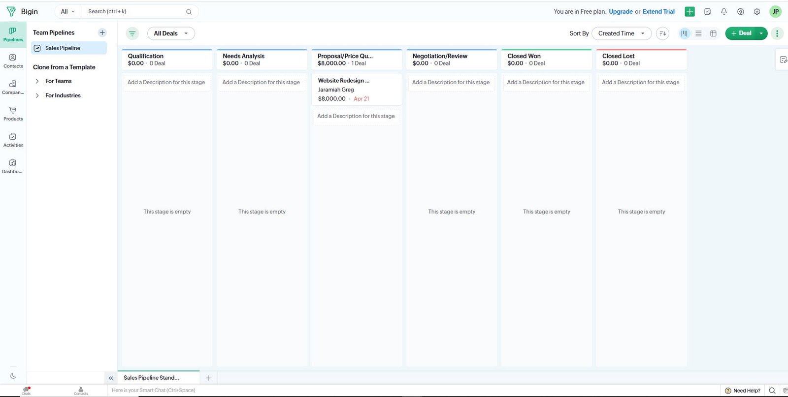 Bigin by Zoho pipeline screenshot