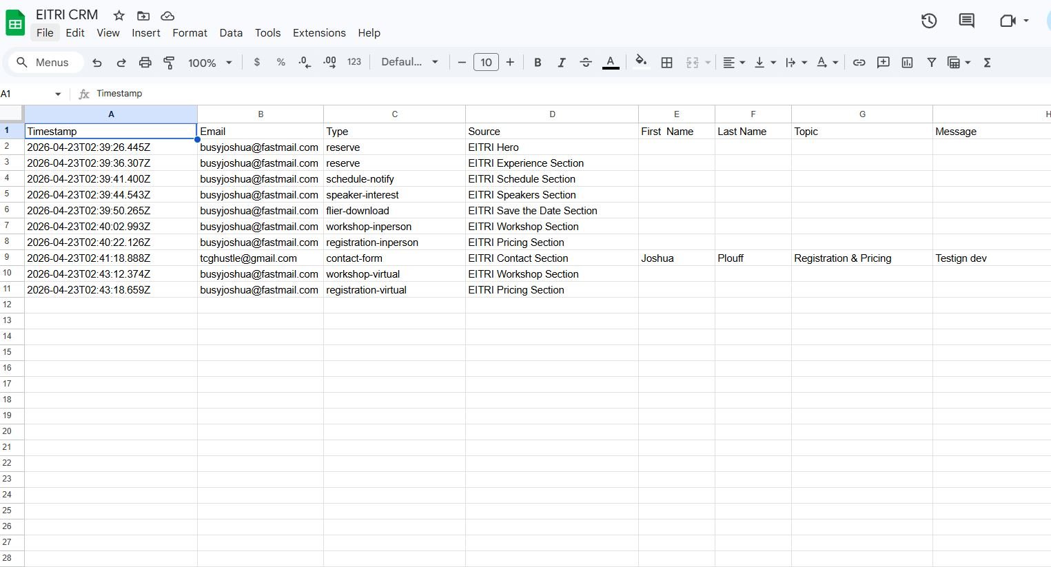 Google Sheets CRM screenshot