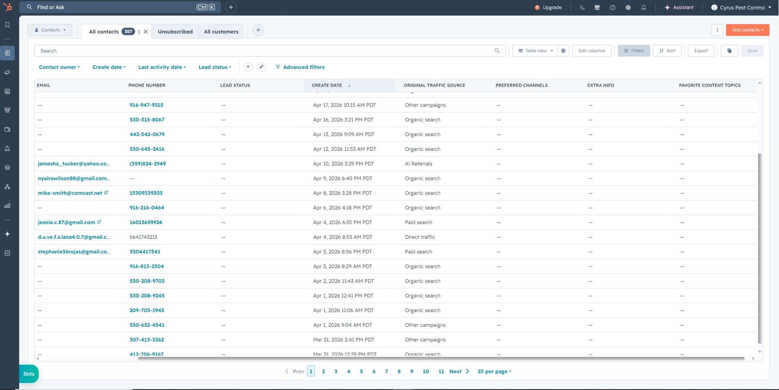 HubSpot CRM contact list screenshot